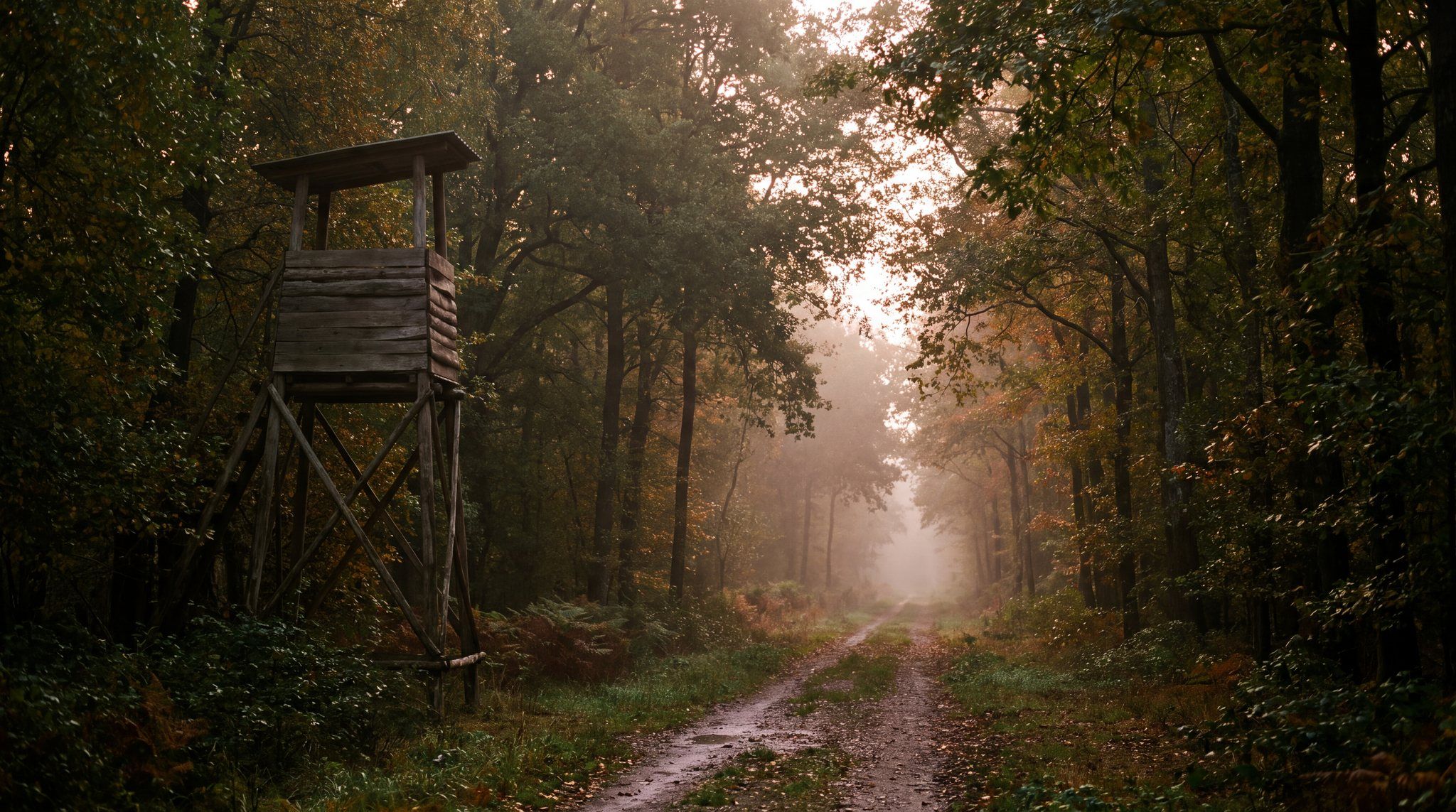 Mirador en bois couvert au bord d'un chemin forestier en terre, sous-bois de feuillus d'automne dans la brume